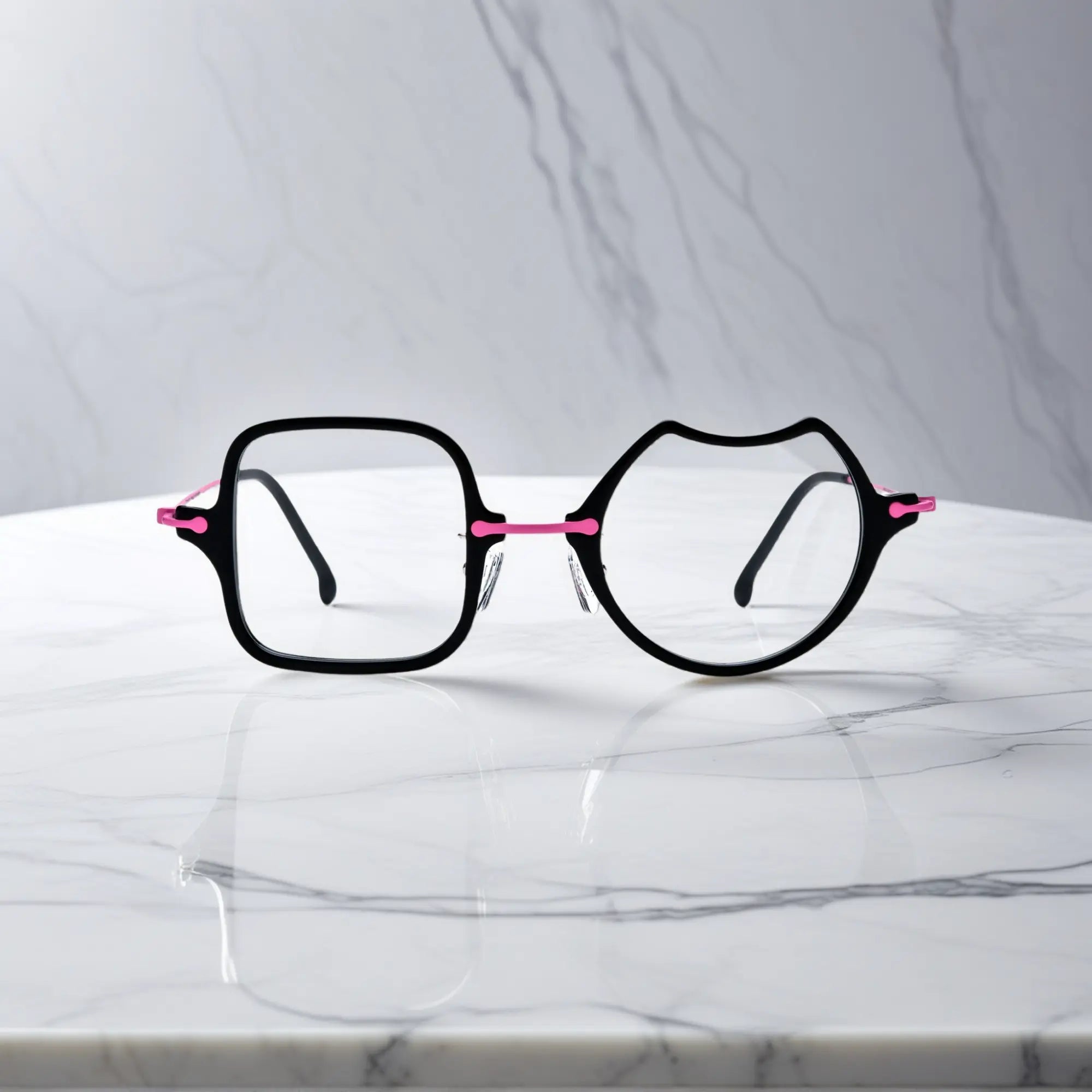 Front View of VoyueLens™ Neon Bloom stylish asymmetric eyeglasses VL185842-C6. Close-up of the front-facing design showing the asymmetric lens combination with acetate finish.